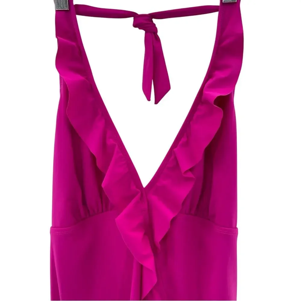 Assets by SPANX Pink V-Neck Ruffle Halter Style Swimsuit Size XL Preppy Vacation